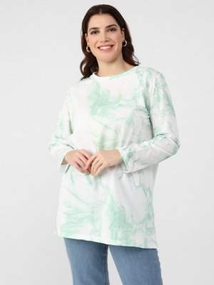 Ekru Yeşil Büyük Beden Bisiklet Yaka Desenli Tunik