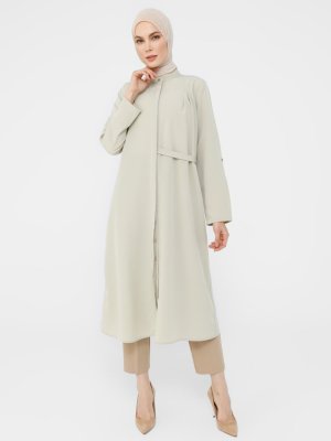 Soft Yeşil Bel Detaylı Gizli Düğmeli Uzun Tunik