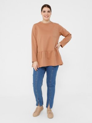 Camel Büyük Beden Eteği Volanlı Tunik