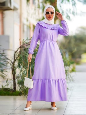 Lila Ön Kısım Pileli Beli Lastikli Elbise Lila Ön Kısım Pileli Beli Lastikli Elbise