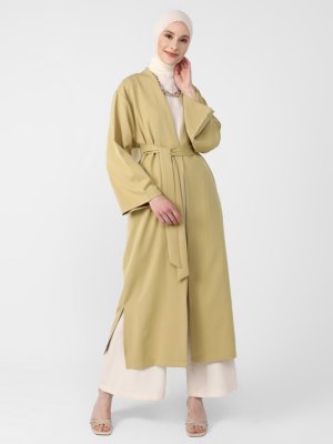 Yağ Yeşili Kuşaklı Yırtmaç Detaylı Kap