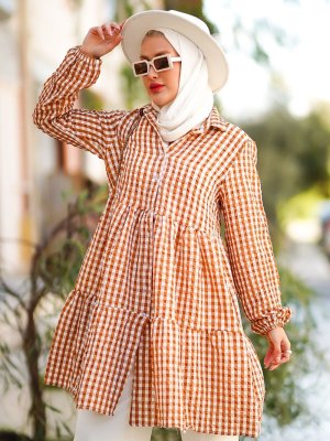 Taba Kareli Fırfırlı Uzun Gömlek Tunik