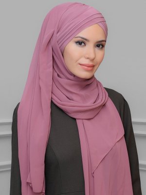 Gül Kurusu Pratik Hazır Geçmeli Bone Şifon Kendinden Topuzlu Üç Bantlı Şal