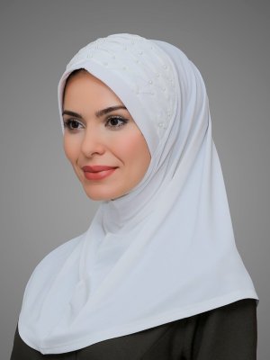 Krem Pratik Hazır Geçmeli Sandy Kumaş İşlemeli İncili Taşlı Eşarp