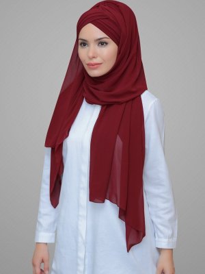 Bordo Pratik Hazır Geçmeli Bone Şifon Kendinden Topuzlu Üç Bantlı Şal