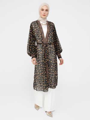 Siyah Çiçek Desenli Kuşaklı Şifon Ferace Kimono
