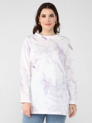 Ekru Lila Büyük Beden Bisiklet Yaka Desenli Tunik