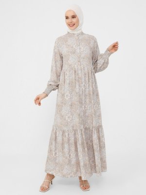 Natural Desen Boydan Düşmeli Elbise