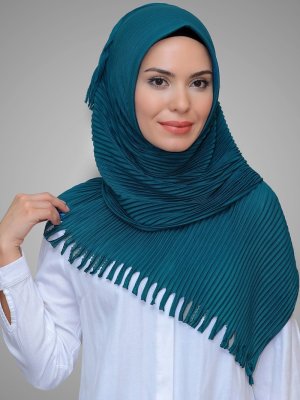 Petrol Mavisi Pratik Hazır Geçmeli Kesik Elyaf Piliseli Saçaklı Lazer Kesim Eşarp