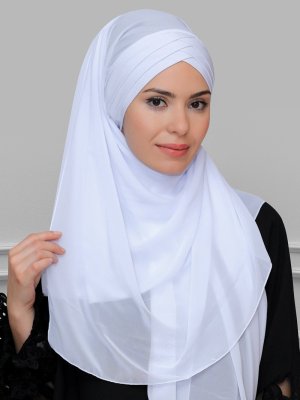 Beyaz Arkadan Bağlamalı Şifon Çapraz Üç Bantlı Şal