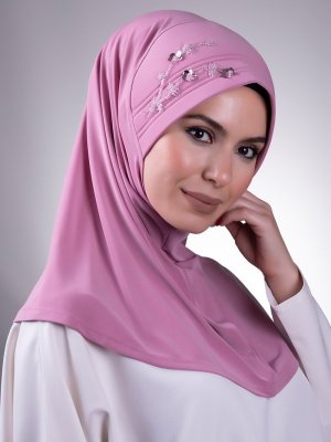 Gül Kurusu Pratik Hazır Geçmeli Sandy Kumaş Elişi Çiçek İşlemeli Pullu Eşarp