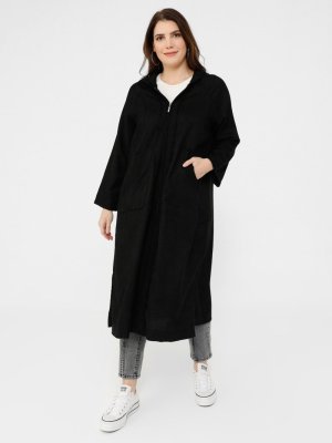 Siyah Büyük Beden Kapüşonlu Cep Detaylı Kap