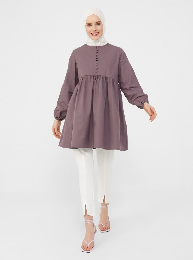 Refka Vintage Mor Brit Düğme Detaylı Robadan Genişleyen Tunik