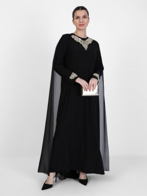 Siyah Büyük Beden Boncuk Detaylı Tüllü Abiye Elbise