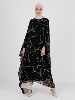 Ekru Siyah Sarmaşık Desenli Ferace