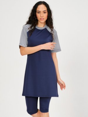 Lacivert Çizgili Yarım Kol Yarı Kapalı Mayo