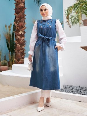 Koyu Mavi Fermuarlı Kot Yelek