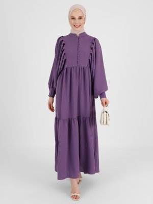 Refka Vintage Mor Brit Detaylı Yarasa Kol Aerobin Elbise