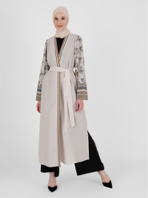 Bej Yeşil Çiçek Desenli Kimono