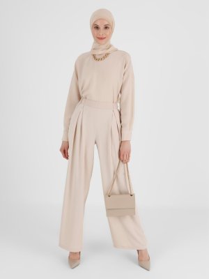 Bej Beli Lastikli Pantolon Etek Bej Beli Lastikli Pantolon Etek