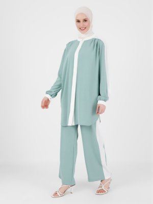 Mint Off White Renk Bloklu Tunik & Pantolon Aerobin Takım Mint Off White Renk Bloklu Tunik & Pantolon Aerobin Takım