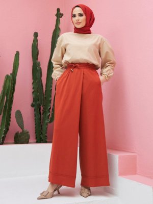 Tarçın Beli Lastikli Bol Paça Pantolon Etek Tarçın Beli Lastikli Bol Paça Pantolon Etek