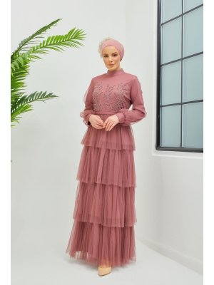 Gül Kurusu Kat Kat Etekli İnci Görsel Detaylı Tesetür Abiye Elbise Gül Kurusu Kat Kat Etekli İnci Görsel Detaylı Tesetür Abiye Elbise
