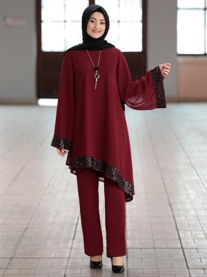 Bordo Işıl Tunik & Pantolon İkili Abiye Takım Bordo Işıl Tunik & Pantolon İkili Abiye Takım
