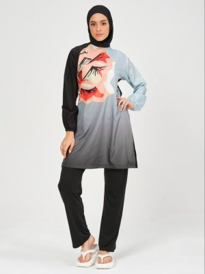 Siyah Çiçek Baskılı Tam Kapalı Mayo