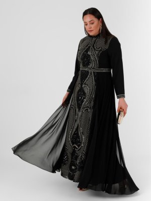 Siyah Büyük Beden Nakış Ve Pul Payet Detaylı Abiye Elbise