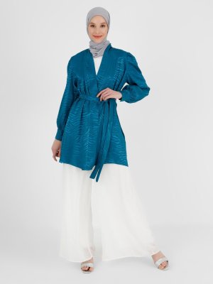 Petrol Kuşak Detaylı Jakarlı Saten Kimono Petrol Kuşak Detaylı Jakarlı Saten Kimono