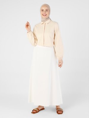 Off White A Kesim Beli Lastikli Kot Etek Off White A Kesim Beli Lastikli Kot Etek
