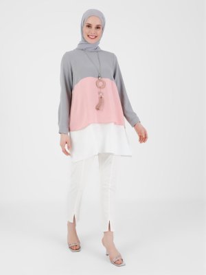 Gri Pudra Ekru Kolye Detaylı Renk Bloklu Aerobin Tunik