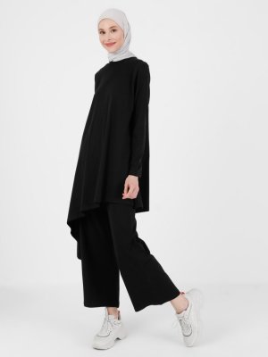 Siyah Pamuk Kumaşlı Asimetrik Kesim Tunik & Pantolon İkili Takım