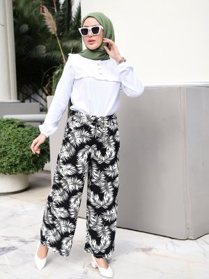 Siyah Beli Lastikli Desenli Salaş Pantolon