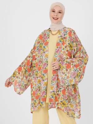 Orange Doğal Kumaşlı Çiçek Desenli Kimono Orange Doğal Kumaşlı Çiçek Desenli Kimono