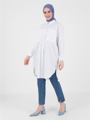 Off White Çıtçıtlı Uzun Keten Görünümlü Pamuk Tunik Off White Çıtçıtlı Uzun Keten Görünümlü Pamuk Tunik