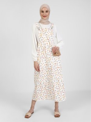 Orange Çiçek Desenli Salopet Kot Elbise