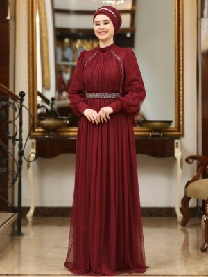 Bordo Efsane Abiye Elbise