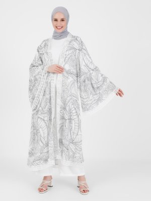 Off White Güpür Detaylı Tropik Desenli Viskon Ferace Off White Güpür Detaylı Tropik Desenli Viskon Ferace