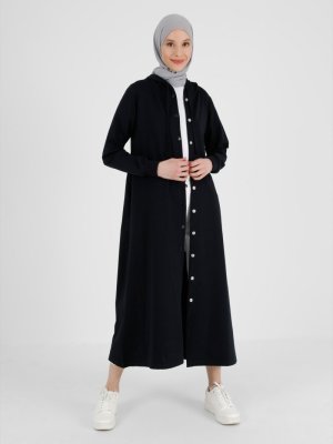 Lacivert Kapüşon Detaylı Çıtçıtlı Spor Pardesü