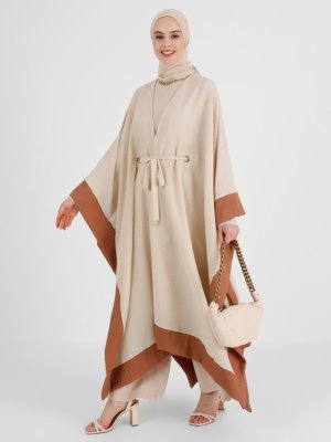 Koyu Bej Renk Bloklu Kuşgözü Detaylı Ferace