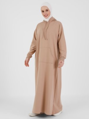Sütlü Kahve Kanguru Cepli Kapüşonlu Elbise
