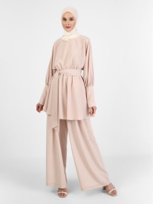 Bej Tunik & Pantolon İkili Abiye Takım