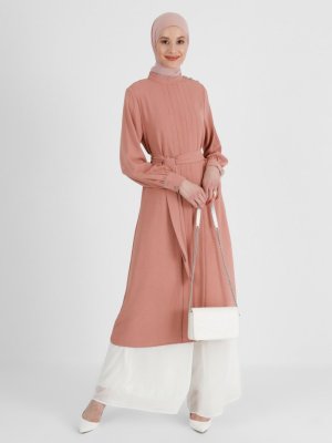 Pudra Taş Düğmeli Kuşaklı Tunik Pudra Taş Düğmeli Kuşaklı Tunik