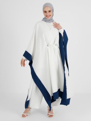 Off White Navy Mavi Renk Bloklu Kuşgözü Detaylı Ferace Off White Navy Mavi Renk Bloklu Kuşgözü Detaylı Ferace