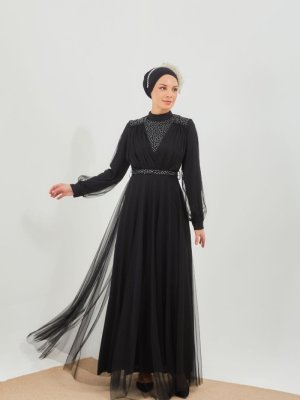 Siyah İnci Görsel Detaylı Abiye Elbise Siyah İnci Görsel Detaylı Abiye Elbise