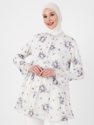 Ekru Lila Brit Düğmeli Çiçek Desenli Şifon Tunik Ekru Lila Brit Düğmeli Çiçek Desenli Şifon Tunik