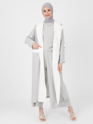 Gri Renk Bloklu Cep Detaylı Ferace