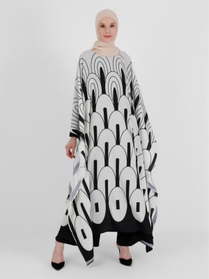Ekru Siyah Geometrik Desenli Saten Ferace